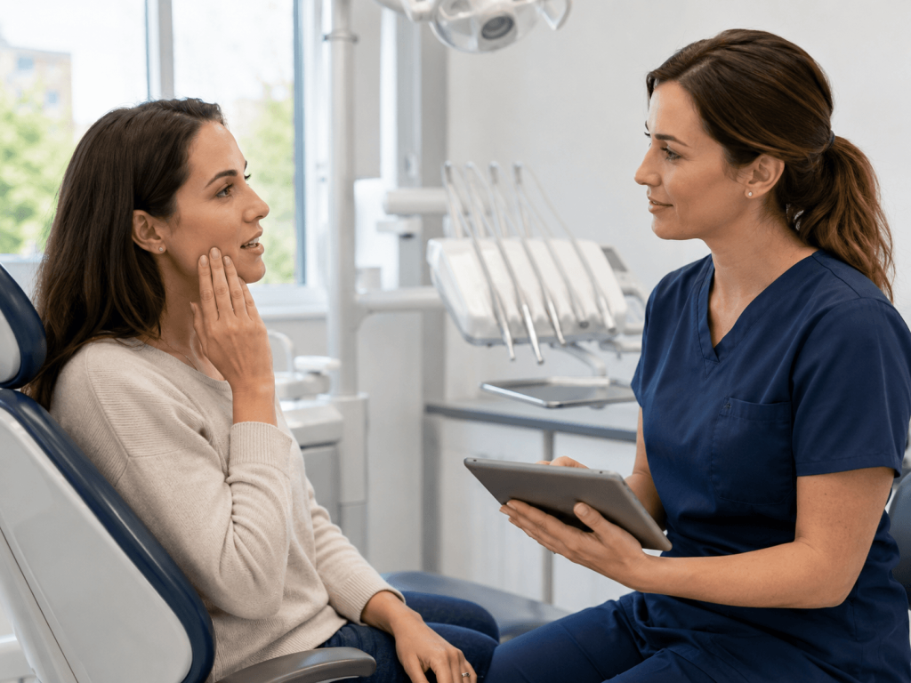Dentist speaking with an adult patient about an urgent dental concern.