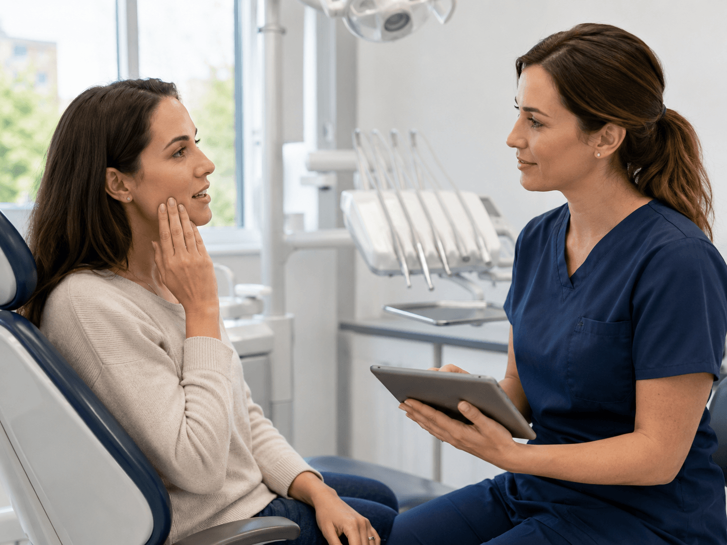 Dentist speaking with an adult patient about an urgent dental concern.